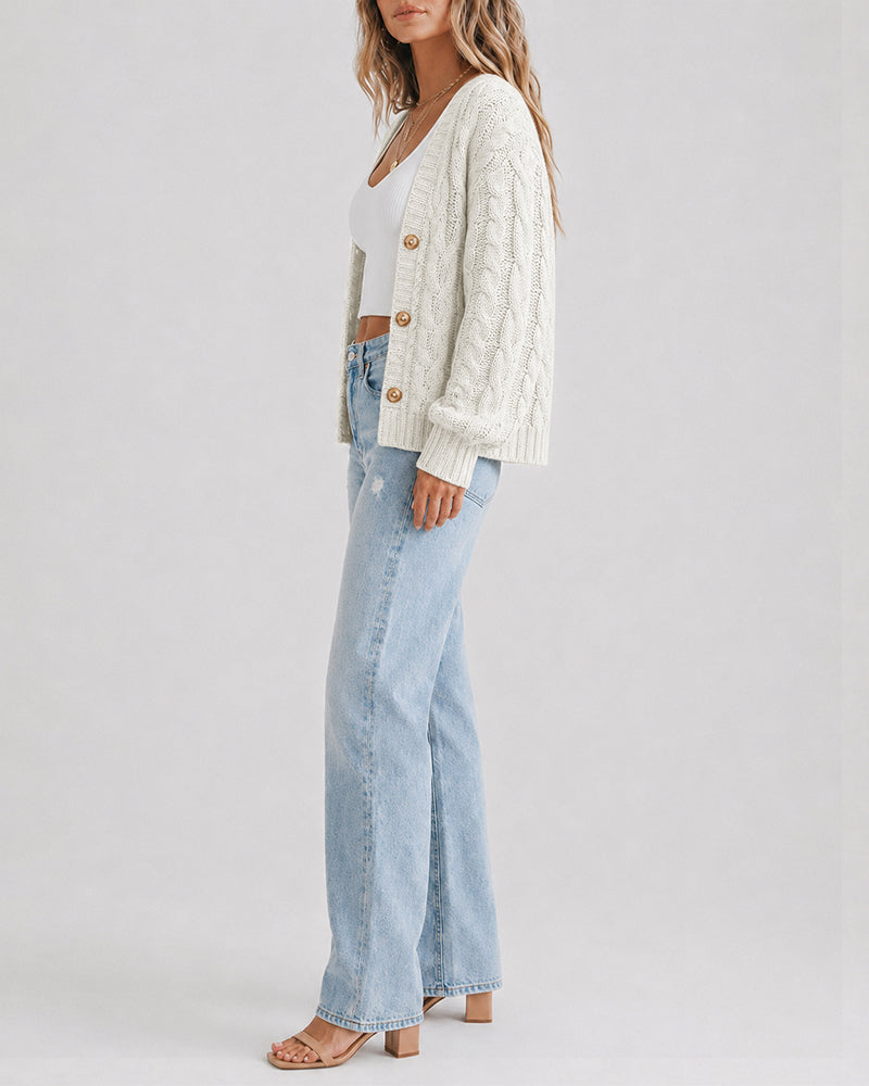 Women's Cable Knit Cardigan V Neck Button Down Chunky Knit Sweater Loose Lantern Sleeve Warm Outerwear - Image 11
