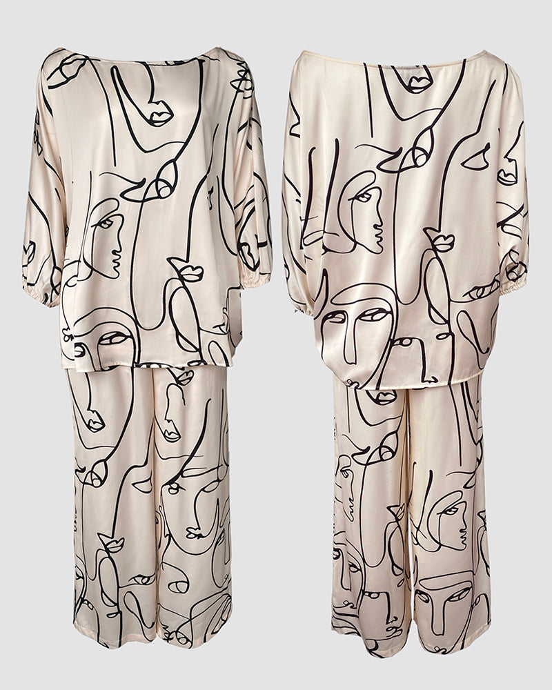 Women's Abstract Face Print Two Piece Outfits Boat Neck Batwing Sleeve Top and High Waisted Wide Leg Pants Set with Pockets - Image 4