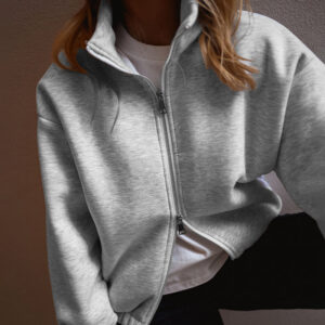 Women's Two-Way Zipper Front Stretchy Hem Coat Stand Collar Drop Shoulder Sweatshirt with Pockets