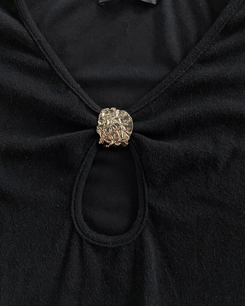 Metal Decor V-Neck Long Sleeve Sexy Hollow-out Slim Fit Top - Image 10