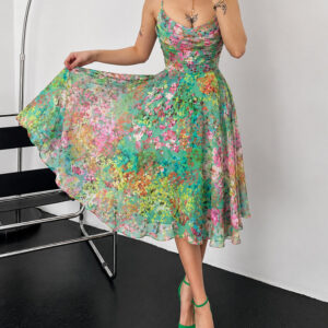 Women's Floral Mesh A Line Dress Cowl Neck Ruched Slip Dress Casual Backless Sundress