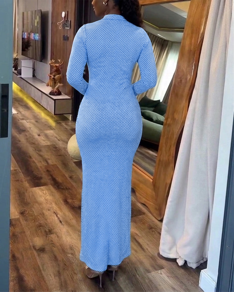 Women's Vintage Plaid Button Front Slit Maxi Dress Long Sleeve Stand Collar Slim Fit Knit Dress - Image 2
