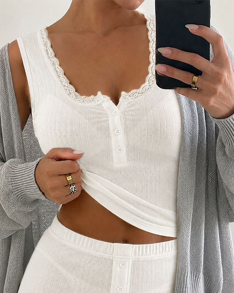 Women's 2-Piece Pajamas Set Lace Trim Henley Neck Tank Top and Shorts Set Casual Loungewear - Image 4