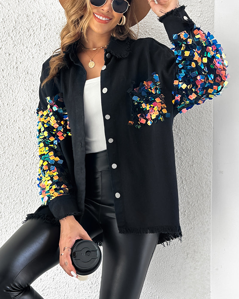 Contrast Sequin Long Sleeve Jacket Top Button Front Raw Hem Loose Fit Shacket - Image 24