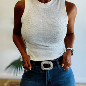 Rhinestone Decor O-neck Sleeveless Knit Tee Slim Fit Tank Top