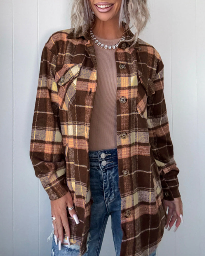 Women's Plaid Long Sleeve Button Down Brushed Shacket Casual Turn-down Collar Coat - Image 3