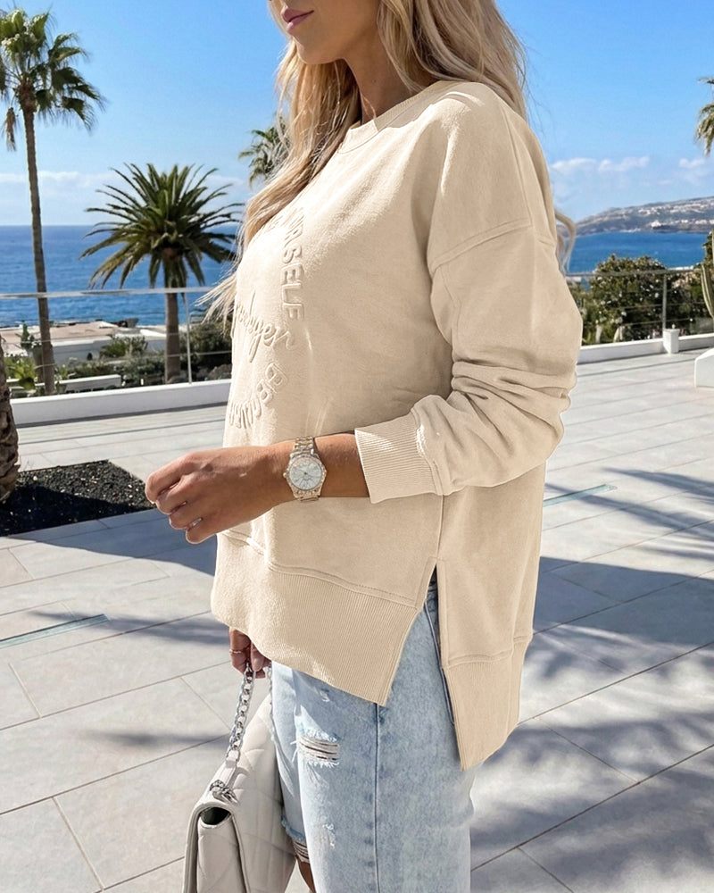 Women's Loose Crewneck Sweatshirt Embossed Letter Print Pullover Top Casual Side Slit Top - Image 5