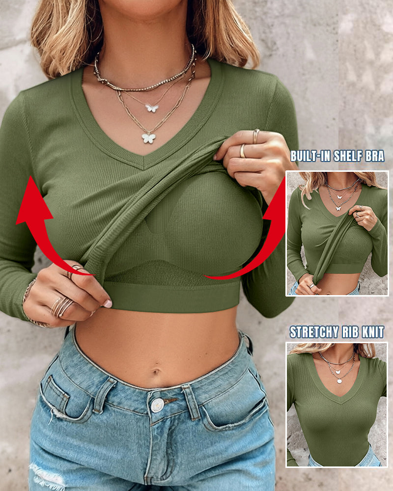 Women's V Neck Long Sleeve Ribbed Knit Top Slim Fit Base Layer Shirt Soft Stretchy Casual Tee with Built-in Bra - Image 8