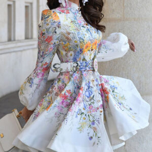 French Style Floral Print Stand Collar Lantern Sleeve Mixed-shape Button Down Dress Elegant Palace Style Cinched Waist Umbrella Hem Dress with Belt