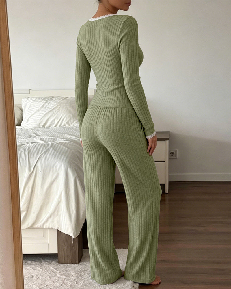 Women's 2 Piece Ribbed Lounge Sets Lace Trim Long Sleeve Top and High Waisted Pants Pajamas Sets with Pockets - Image 9