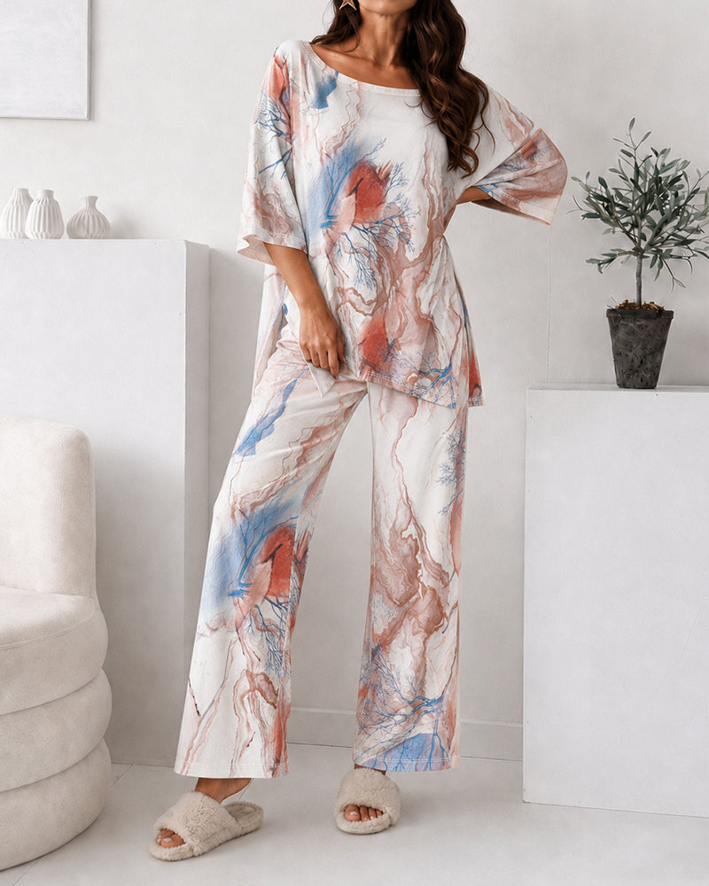 Women's 2 Piece Marble Print Pajama Set Half Sleeve Side Slit Top and Straight Leg Pants Casual Loungewear - Image 5