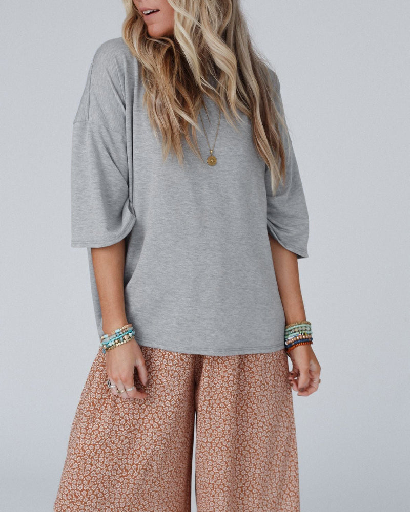 Women's Crewneck Drop Shoulder T-Shirt Back Ruffle Slit Half Sleeve Loose Casual Top - Image 3