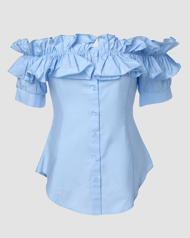 Ruffles Off Shoulder Short Sleeve Button Front Blouse Asymmetrical Hem Top - Image 17