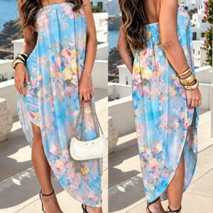Women's Watercolor Floral Print Tube Dress Sexy Strapless Ruched Bodycon Dress Asymmetrical Double Layer Vacation Sundress