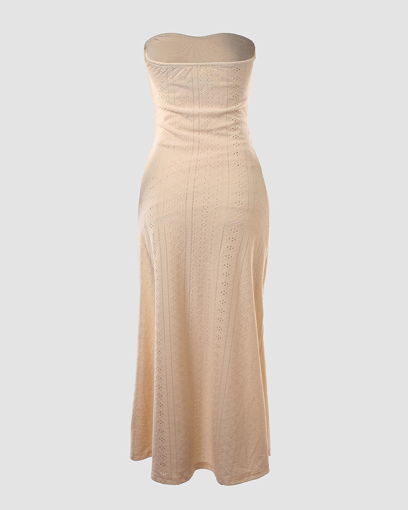 Sleeveless Ruched Cinched Waist Draped Bandeau Dress Eyelet Embroidery Slit Asymmetrical Hem Vacation Dress - Image 27