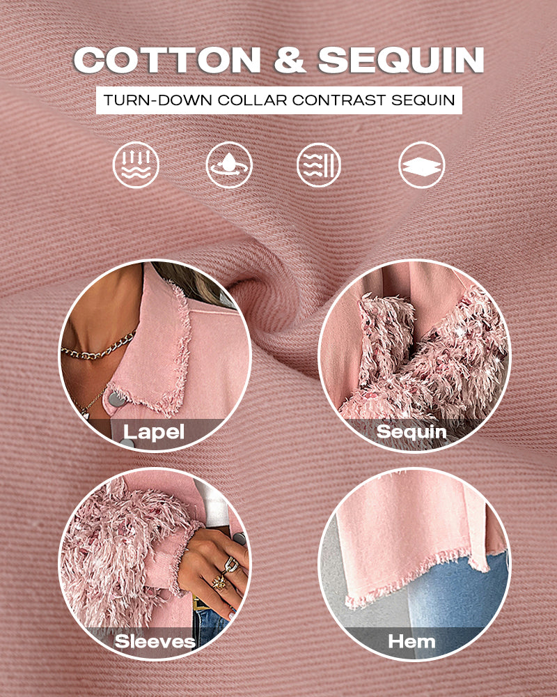 Sequin Decor Turn-down Collar Button Front Pockets Design Denim Coat Casual Fuzzy Spliced Raw Trim Shacket - Image 6