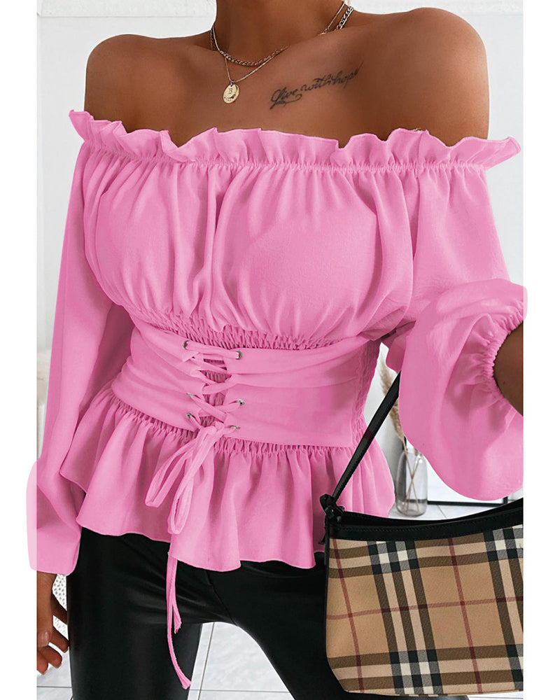 Frill Trim Off Shoulder Long Sleeve Lace-up Front Blouse Casual Shirred Waist Flared Hem Top - Image 4