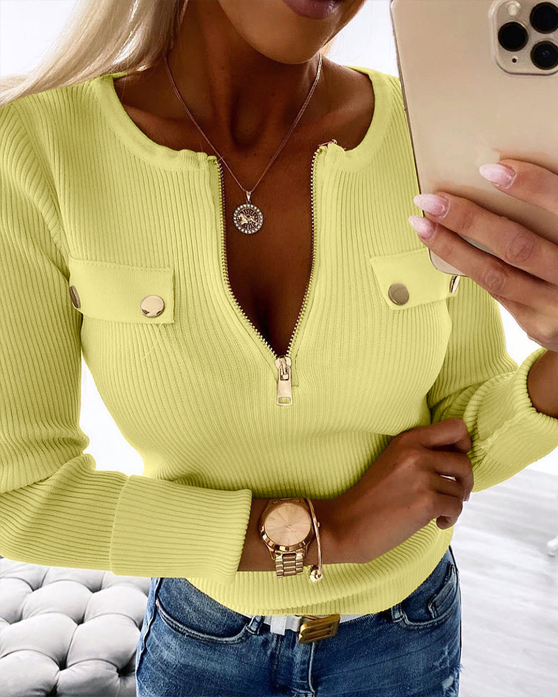 Crewneck Half Zipper Flap Detail Knit Sweater Long Sleeve Slim Fit Ribbed Pullover Top - Image 25