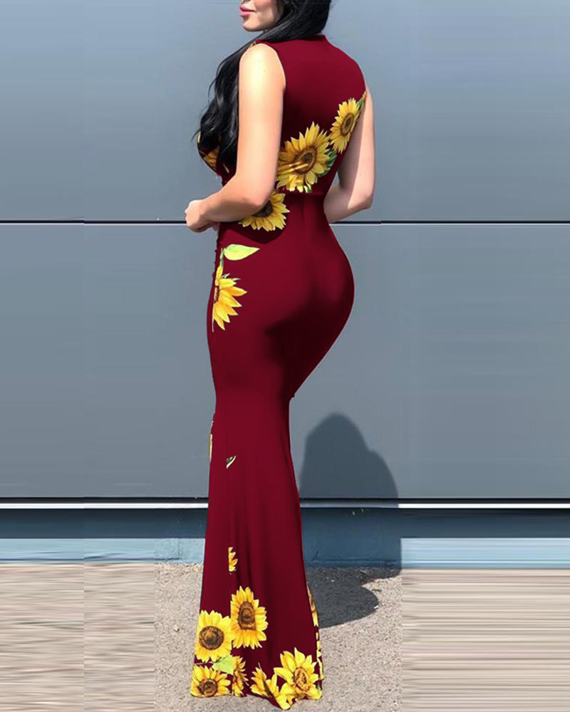 Plunge Sunflower Print High Slit Party Dress - Image 7