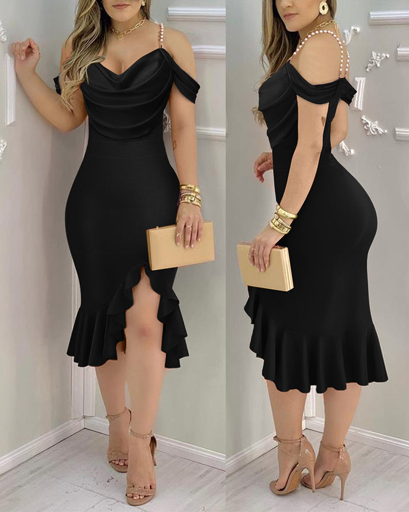 Women's Cold Shoulder Adjustable Pearls Straps Bodycon Dress Cowl Neck Asymmetrical Ruffle Hem Party Dress - Image 16