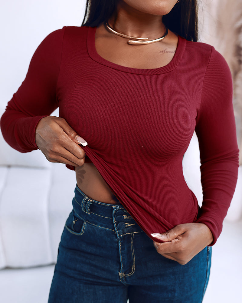Built In Bra U Neck Tee High Stretchy Knit T-Shirt Long Sleeve Top - Image 28
