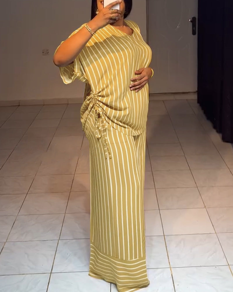 Women's Striped 2 Piece Outfits V Neck Short Sleeve Drawstring Top and Wide Leg Pants Set with Pockets - Image 3
