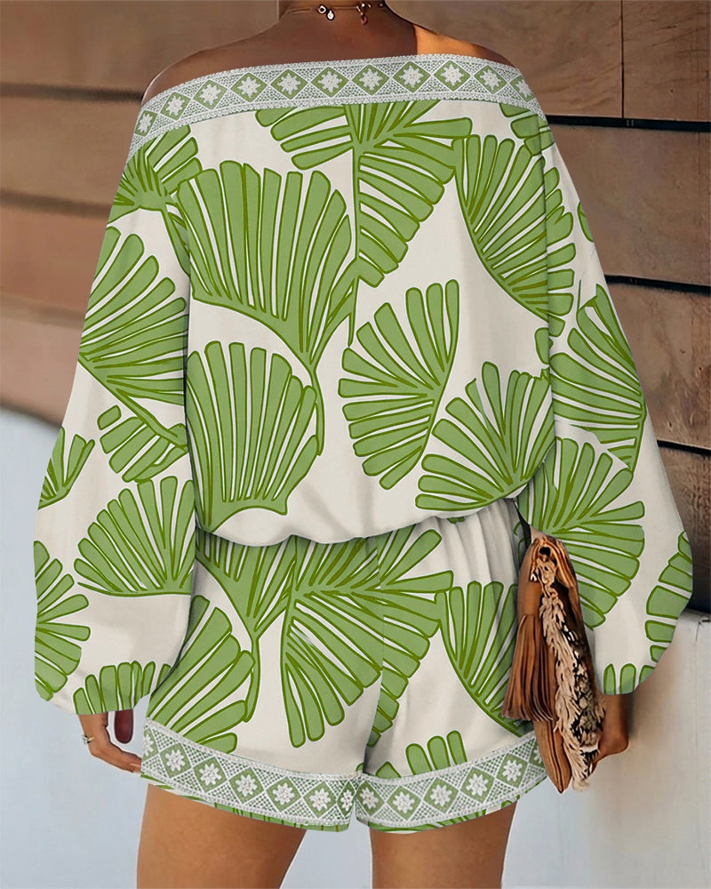 Women's Tropical Leaf Print 2 Piece Set Skew Neck Lantern Sleeve Top and Elastic Waist Shorts with Pockets & Lace - Image 12