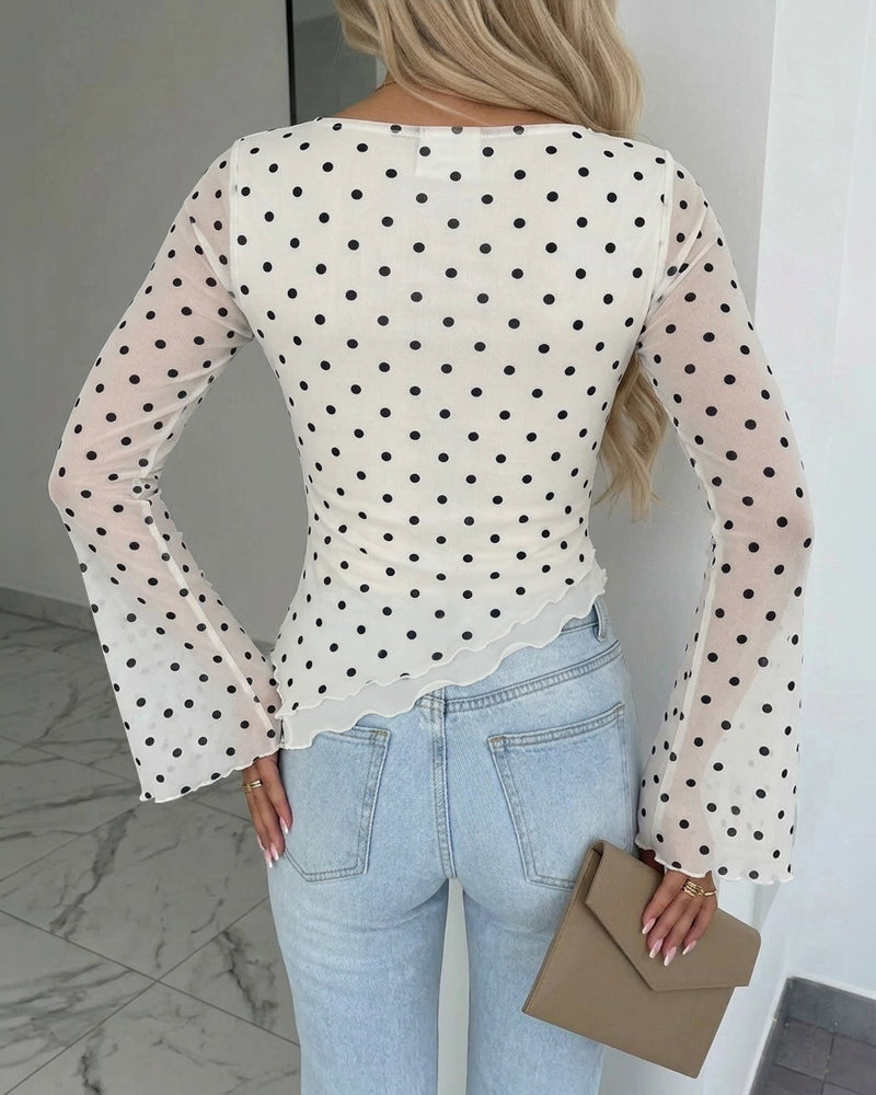 Women's Polka Dot Mesh Top Flare Long Sleeve Boat Neck Lined Asymmetric Frill Hem Blouse Vintage Party Shirt - Image 2