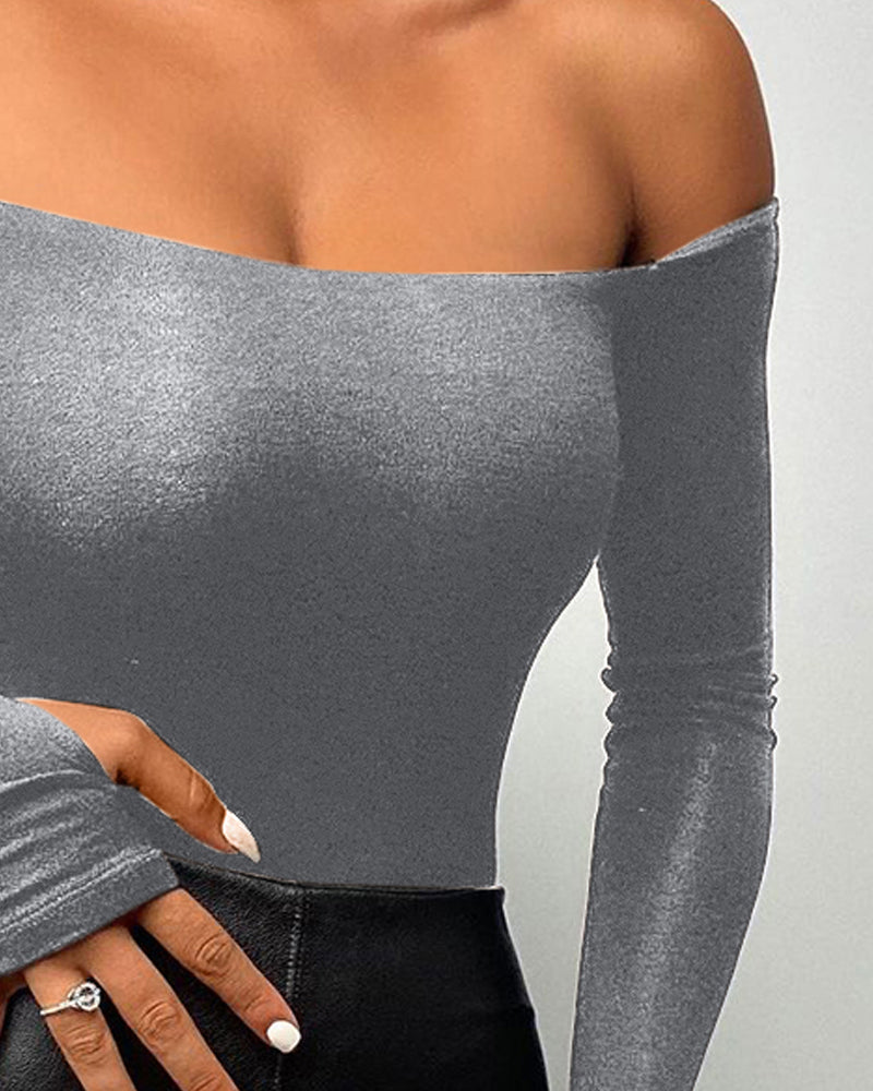 Off Shoulder Long Sleeve Skinny Casual Top - Image 23