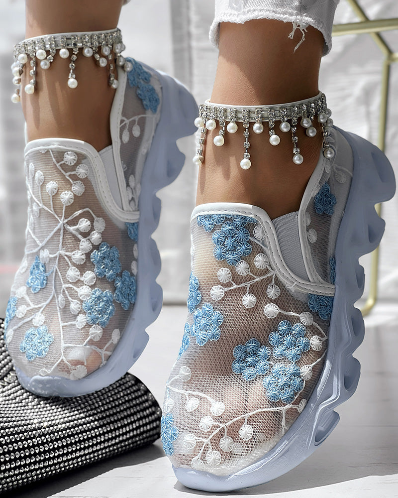Floral Pattern Sheer Mesh Patch Round Toe Sneakers - Image 7