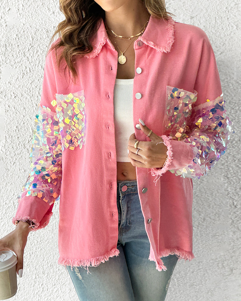 Contrast Sequin Long Sleeve Jacket Top Button Front Raw Hem Loose Fit Shacket - Image 6
