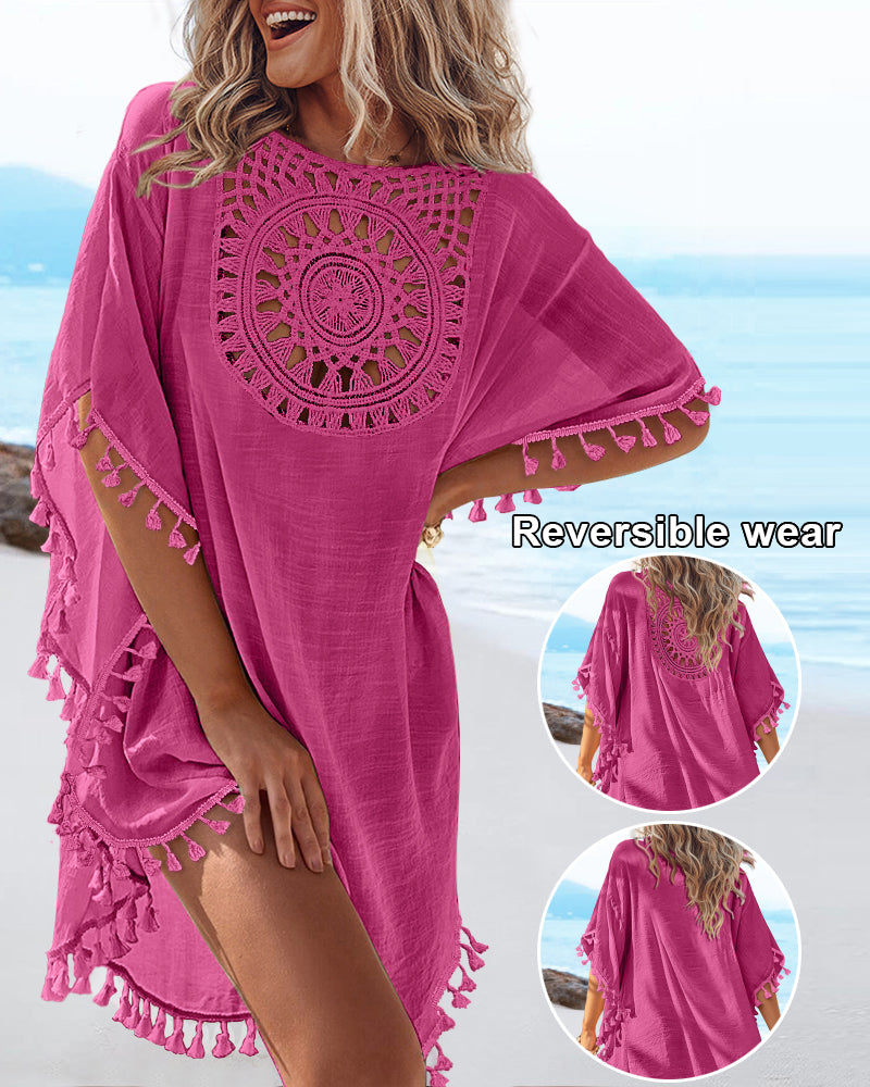 Women's Front & Back Reversible Beach Cover Up Crochet Lace Hollow Out Spliced Tassel Vacation Caftan Dress - Image 13