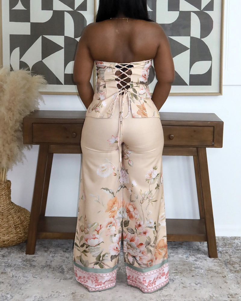 Women's Floral 2 Piece Outfits Lace-up Tube Top and High Waist Straight Leg Pants Set with Detachable Clear Straps - Image 2