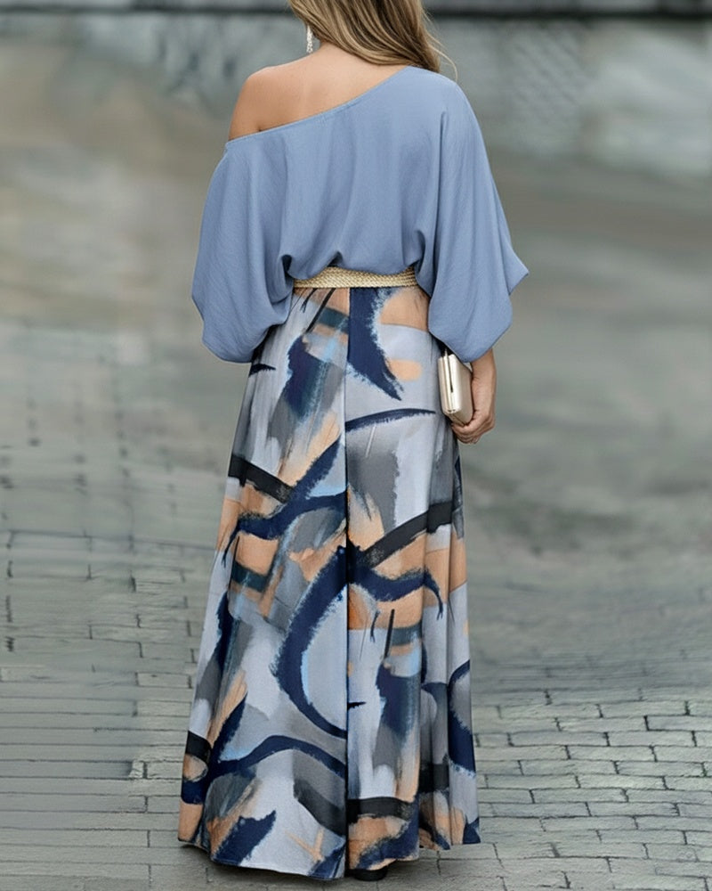2 Pieces Outfit Skew Neck Batwing Sleeve Stretchy Hem Top and Casual Abstract Print Zipper Fly Elastic Back Waist Wide Leg Pants Set without Belt - Image 2