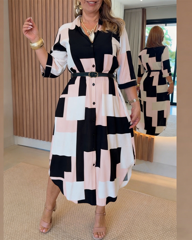 Women's Colorblock Geometric Shirt Dress Casual Three-Quarter Sleeves Asymmetrical Hem Commuting Dress with Belt - Image 3