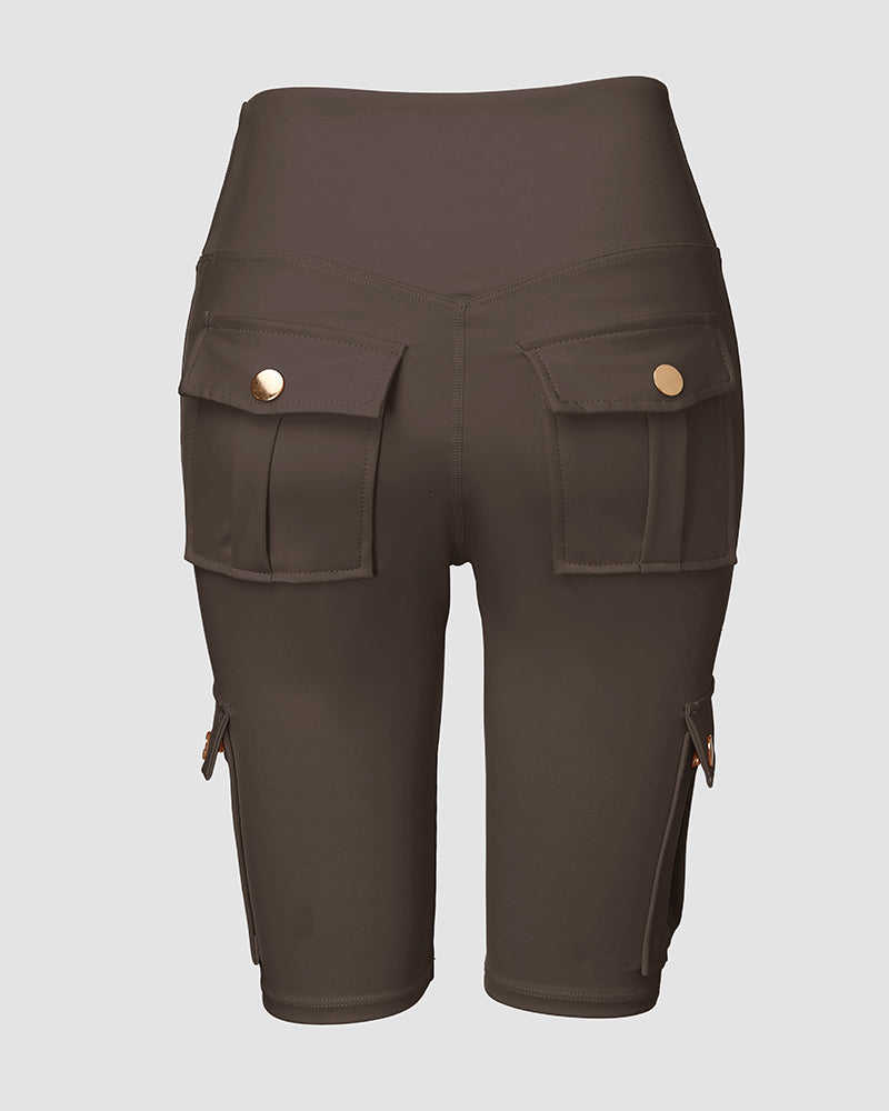Tummy Control Butt Lifting Active Shorts High Waist Flap Pocket Workout Bermuda Cargo Running Shorts - Image 30