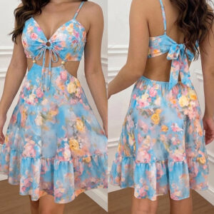 Women's Watercolor Floral Print Mini Dress Sweetheart Neck Cut Out Backless Drawstring A-Line Sundress Summer Beach Vacation Dress