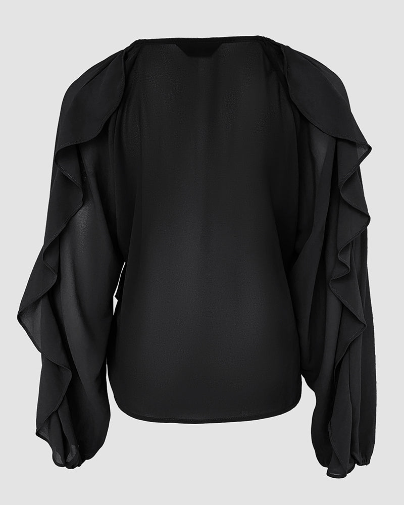 V Neck Shoulder Ruffles Design Blouse Casual Button Front Long Sleeve Top - Image 27
