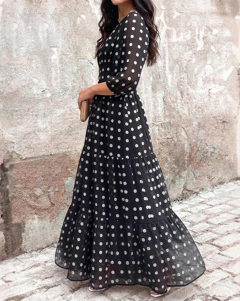 Women's Polka Dot Maxi Dress V Neck Lantern Sleeve Ruffle Hem Dress High Waist Button Up Chiffon Long Party Dress - Image 4