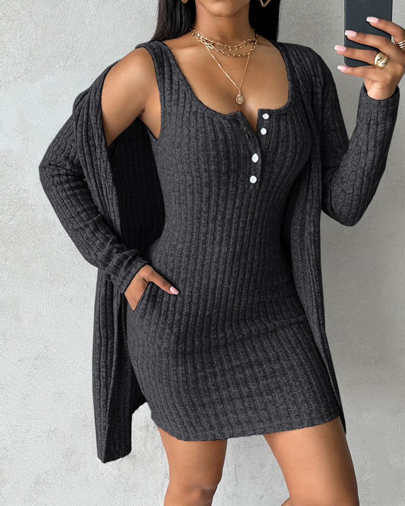 2 Pieces Outfit U-Neck Thick Strap Button Front Slim Fit Ribbed Knit Dress and Casual Long Sleeve Pockets Design Open Front Cardigan Coat Set - Image 6