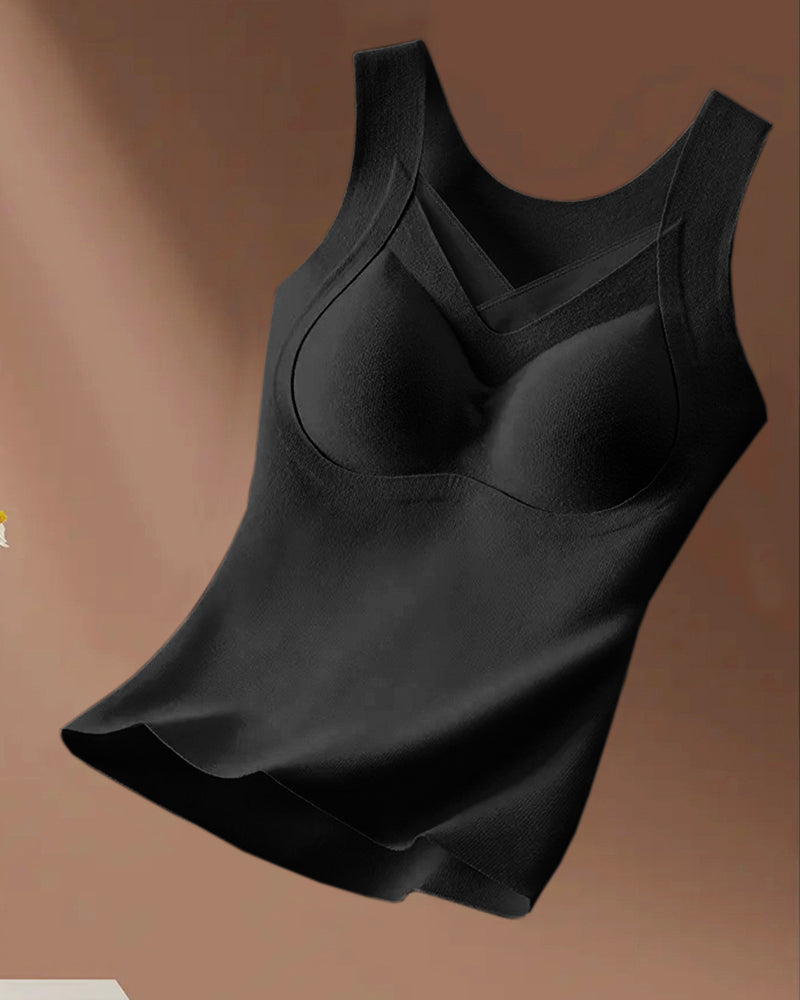 Sheer Mesh Spliced V Neck Sleeveless Built In Bra Tank Casual Warm Fleece Lined Slim Fit Top - Image 26