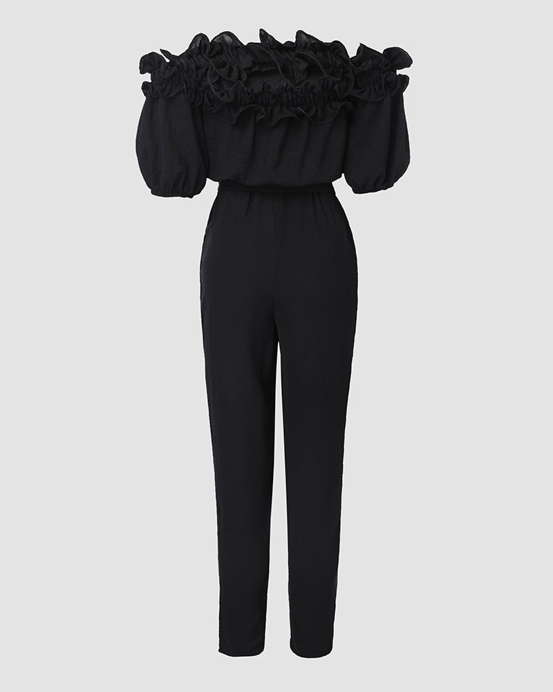 Frill Trim Off Shoulder Short Sleeve Tie Waist Overalls Casual Textured Jumpsuit - Image 9