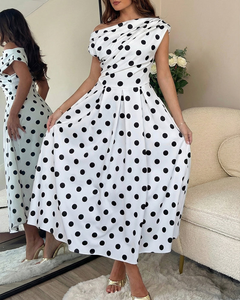 Women's Skew Neck Polka Dot Maxi Dress Ruched A-Line Swing Dress Elegant Party Cocktail Dress with Pockets - Image 4