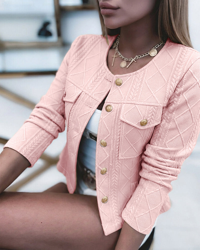 Women's French Style Cropped Jacket Round Neck Gold Button Coat Argyle Cable Jacquard Knit Outerwear - Image 6