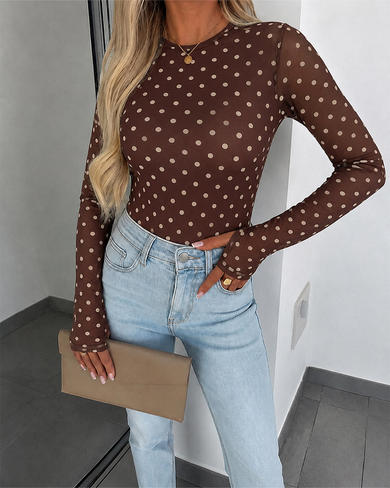 Women's Mesh Polka Dot Top Lined Sheer Long Sleeve Tee Crewneck Slim Fit Layering Under Base Top with Thumbholes - Image 12