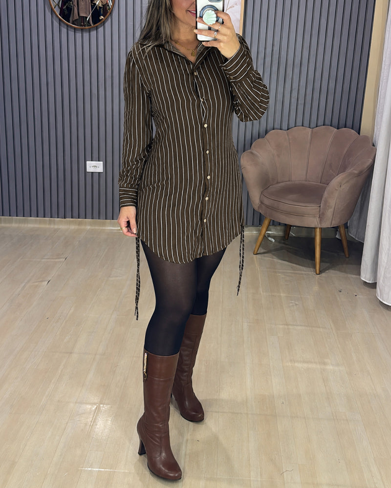 Women's Striped Shirred Back Shirt Dress Ruched Side Drawstring Long Sleeve Button Down Mini Dress - Image 4