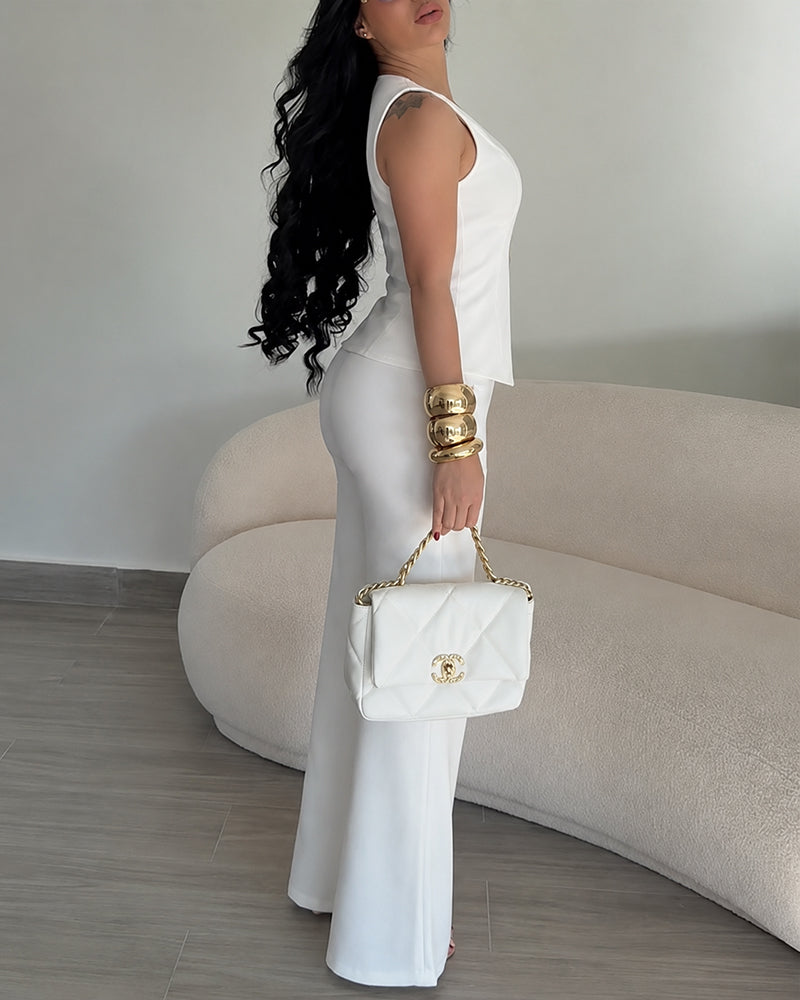 Women's 2 Piece Blazer Set Sleeveless V Neck Button Down Vest and High Waisted Straight Leg Pants Set Elegant Suit - Image 2