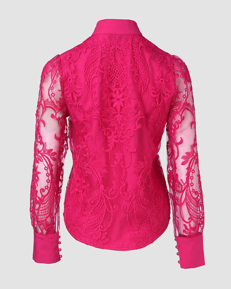 Women's Elegant Mesh Patchwork Shirt Floral Embroidery Stand Collar Pearl Button Long Sleeve Blouse - Image 7