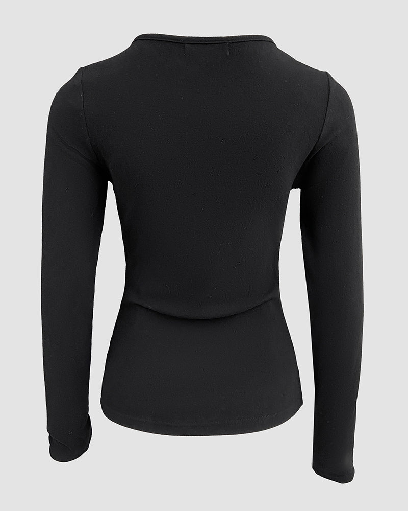 Metal Decor V-Neck Long Sleeve Sexy Hollow-out Slim Fit Top - Image 12