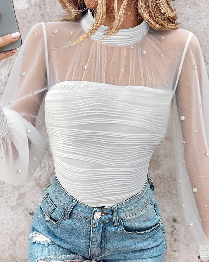 Pearls Decor Mock Neck Sheer Mesh Spliced Ruched Tee Hollow-out Back Slim Fit Textured Top - Image 3